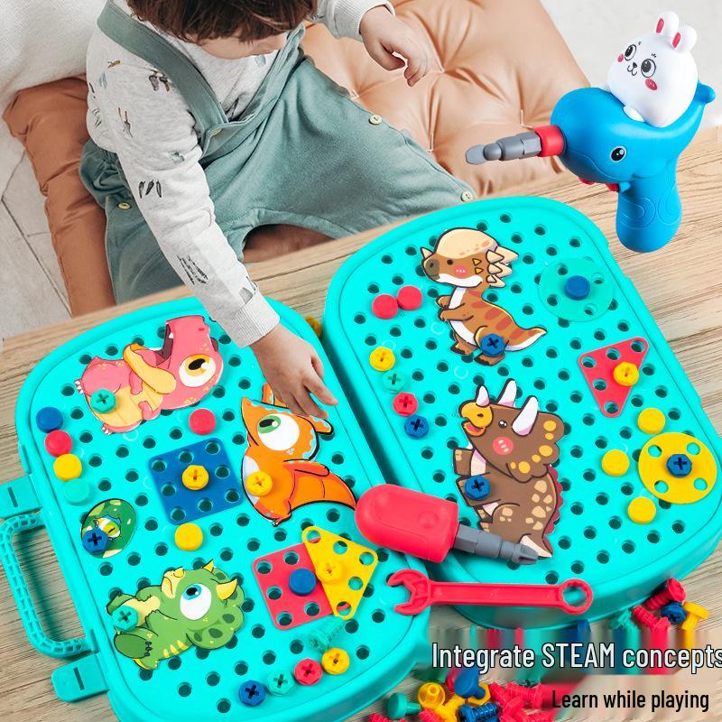 Electric Drill Dinosaur Assembly Toy Set for Kids - Educational Toolbox with Nuts & Bolts