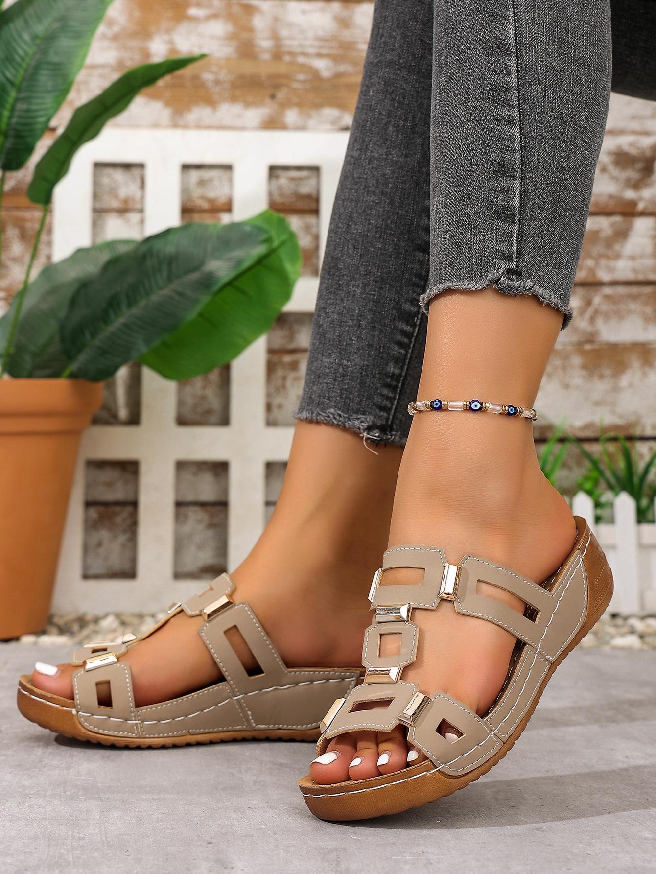 

Сладкие модные женские босоножки с ремешком на щиколотке, повседневные босоножки на танкетке и среднем каблуке, женская обувь из однотонной кожи, летние сандалии слипоны, большой размер 43 хаки