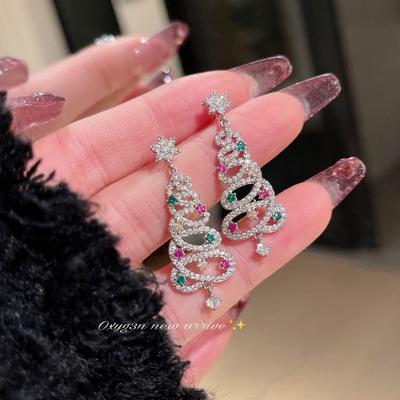 Korean Style Christmas Tree Earrings, Colorful Zircon Dangle, S925 Silver Needle, Trendy Women's Stud Jewelry