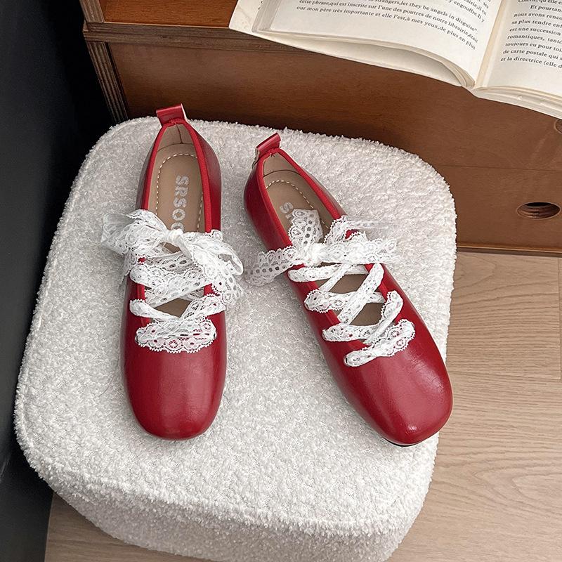Женская обувь 2026 Лето Новые Винтажные Кружевные На шнуровке Повседневные Женские Балетки Модные Комфортные Нескользящая Мягкая Подошва Туфли Мэри Джейн 35 красный