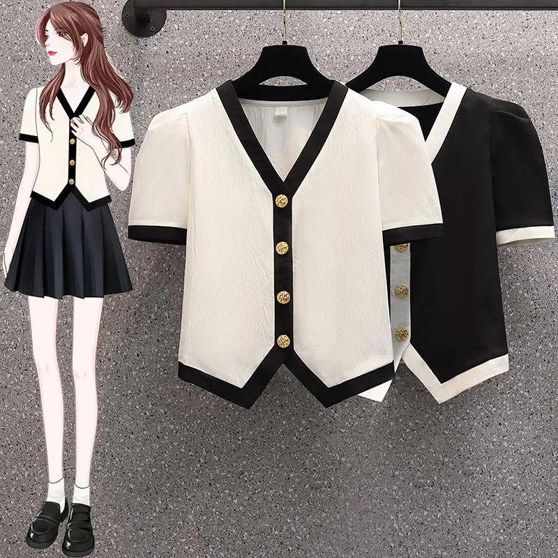 Französische Büroangestellte Slim Duftendes Sommerhemd Neu V-Ausschnitt Strickjacke Kurzarm Damen Knopf Einfach Schick Mode Weiße Oberteile