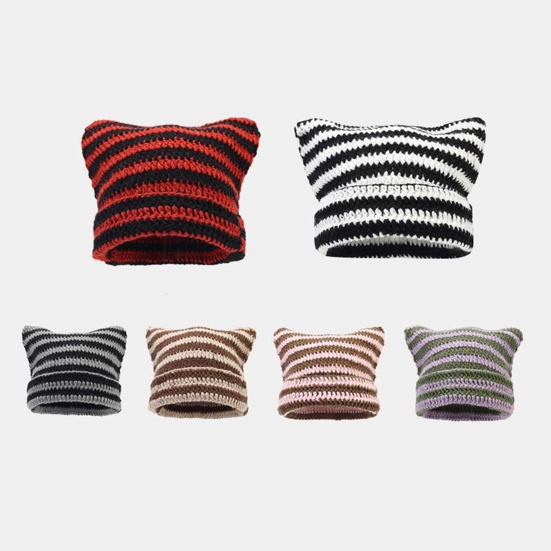 Jacquard Custom Label Patch Embroidery logo Winter Warm Cat Ear Stripe Knit Beanie Hat With Ear