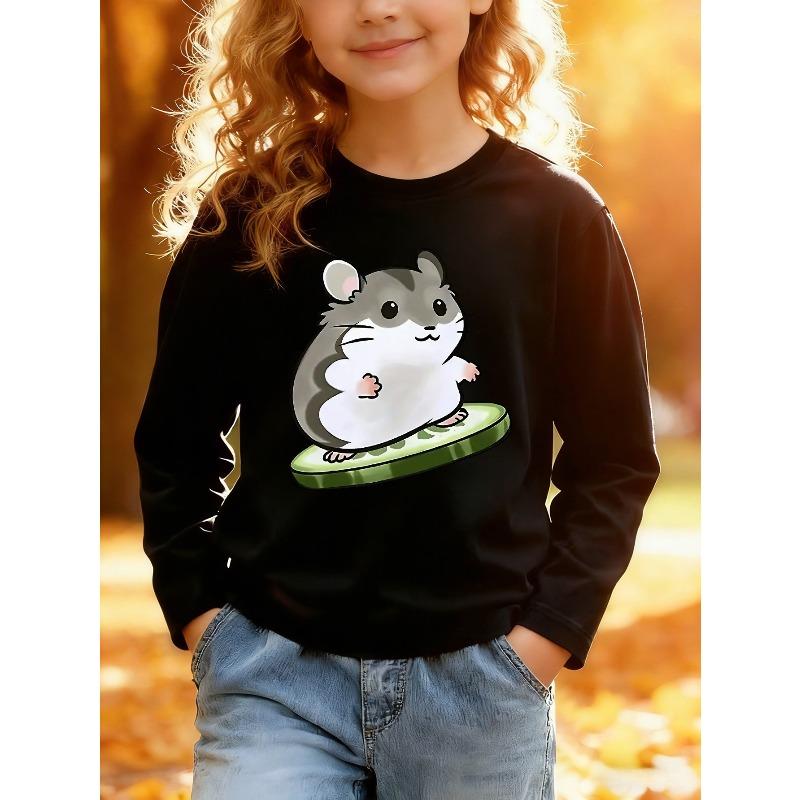 European sizes Kids' Athletic Cartoon Print Round Neck Top, Cartoon Hamster Print Round Neck Kids' Long Sleeve T-Shirt, Cartoon Character