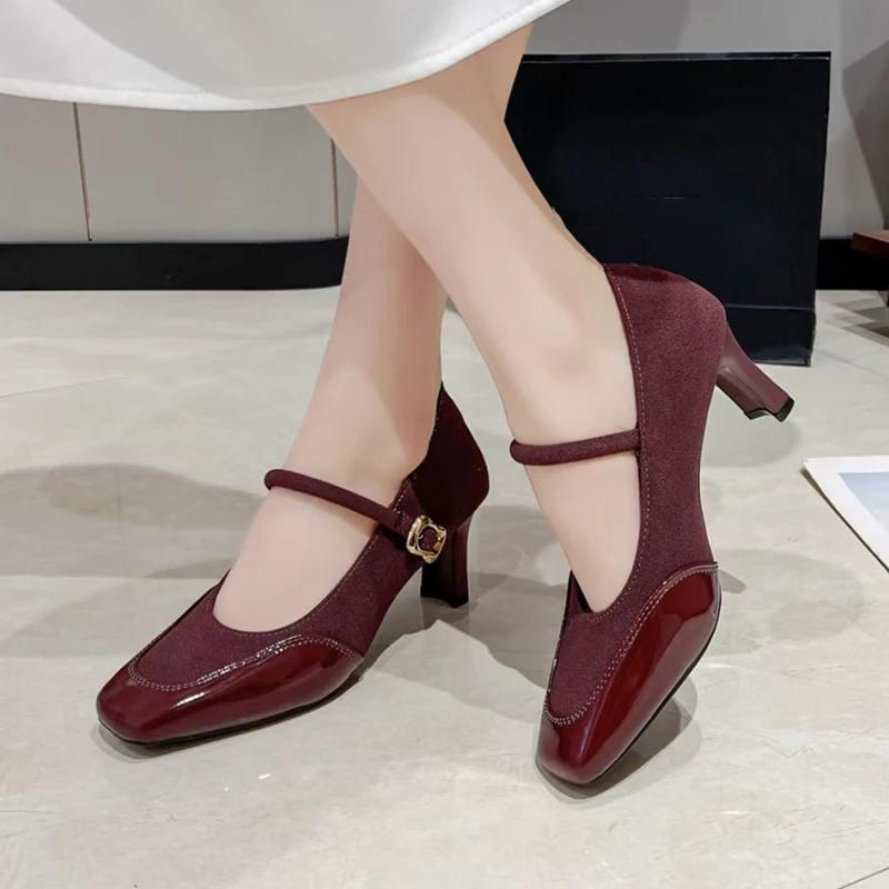 

Fashion Square Toe Women Sandals Jane Shoes Summer Shoes 2025 Sexy Chunky Shoes Dress Wedding Pumps Zapatillas 35 вино красного