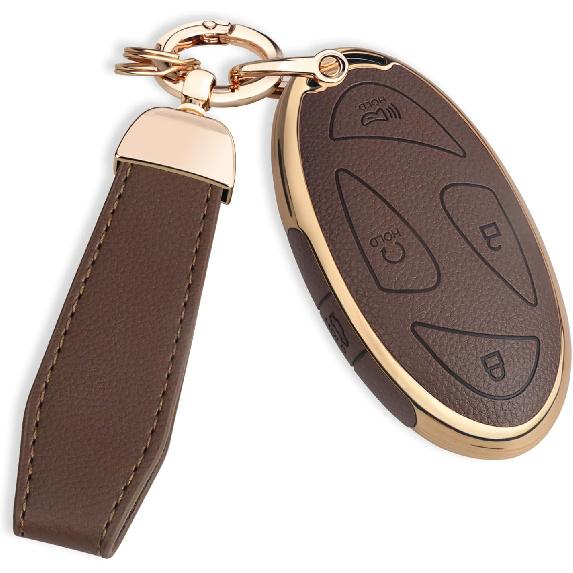 QBUC for Hyundai Key Fob Cover with Key Chain, Upper Leather + Soft TPU Car Key Case for Hyundai Ioniq 6 Grandeur GN7 KONA Elanrtra Santa Fe Tucson