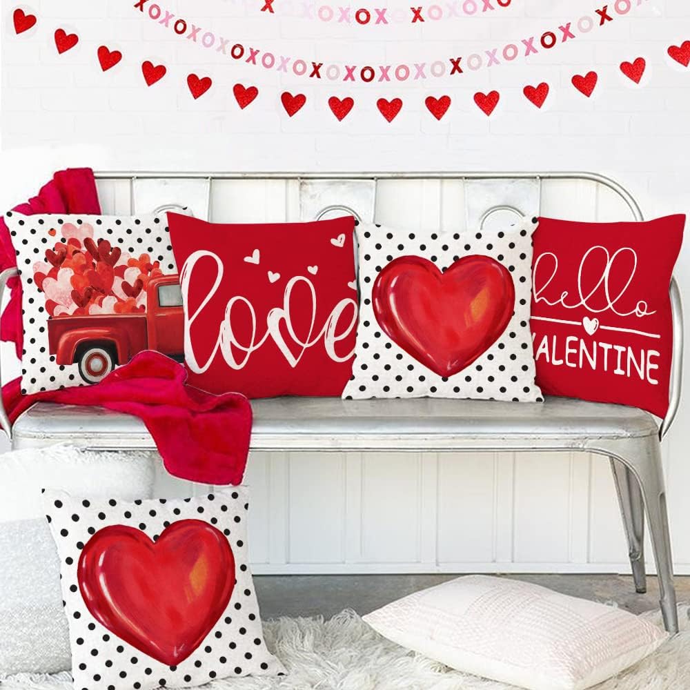 GEEORY Valentines Day Pillow Covers 18x18 Set of 4 Valentines Day Decor Polka Dot Red Love Heart Truck Hello Valentine Pillows Decorative Throw