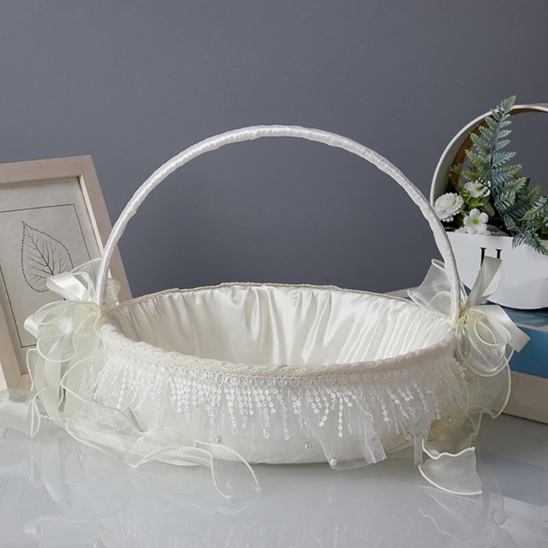 White Ruffle Flower Girl Basket with Lace and White Ribbon for Various Wedding Themes For Wedding Day