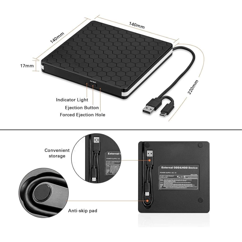 External CD DVD Drive USB3.0 Type C 2 In 1 Interface Slim DVD CD Writer Burner Reader Player Optical Drive For Laptop PC Desktop