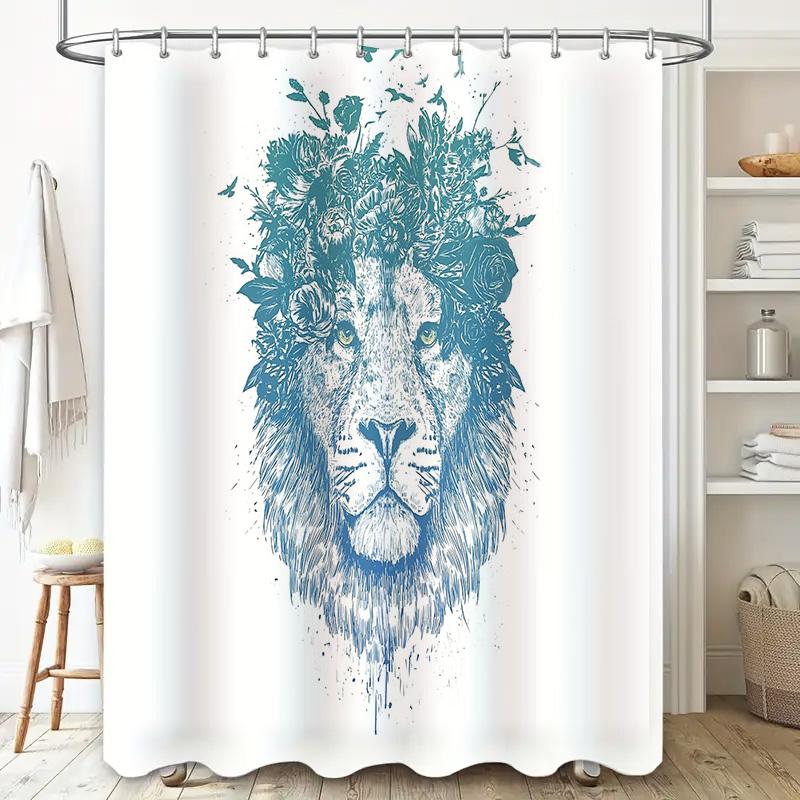 Blue Lion Shower Curtain Artistic Wild Animal Bathroom Decor Modern Abstract Pattern Waterproof Fabric Liner