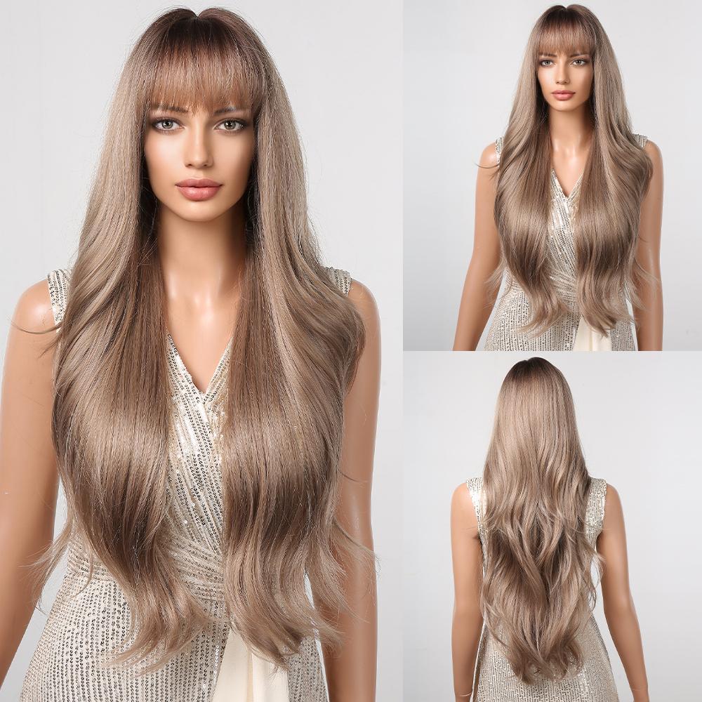 ALAN EATON Long Body Wavy Brown Wig Ombre Synthetic Hair Wig with Bangs Heat Resistant Fiber Wig Women Soft Daily Hair Party Use