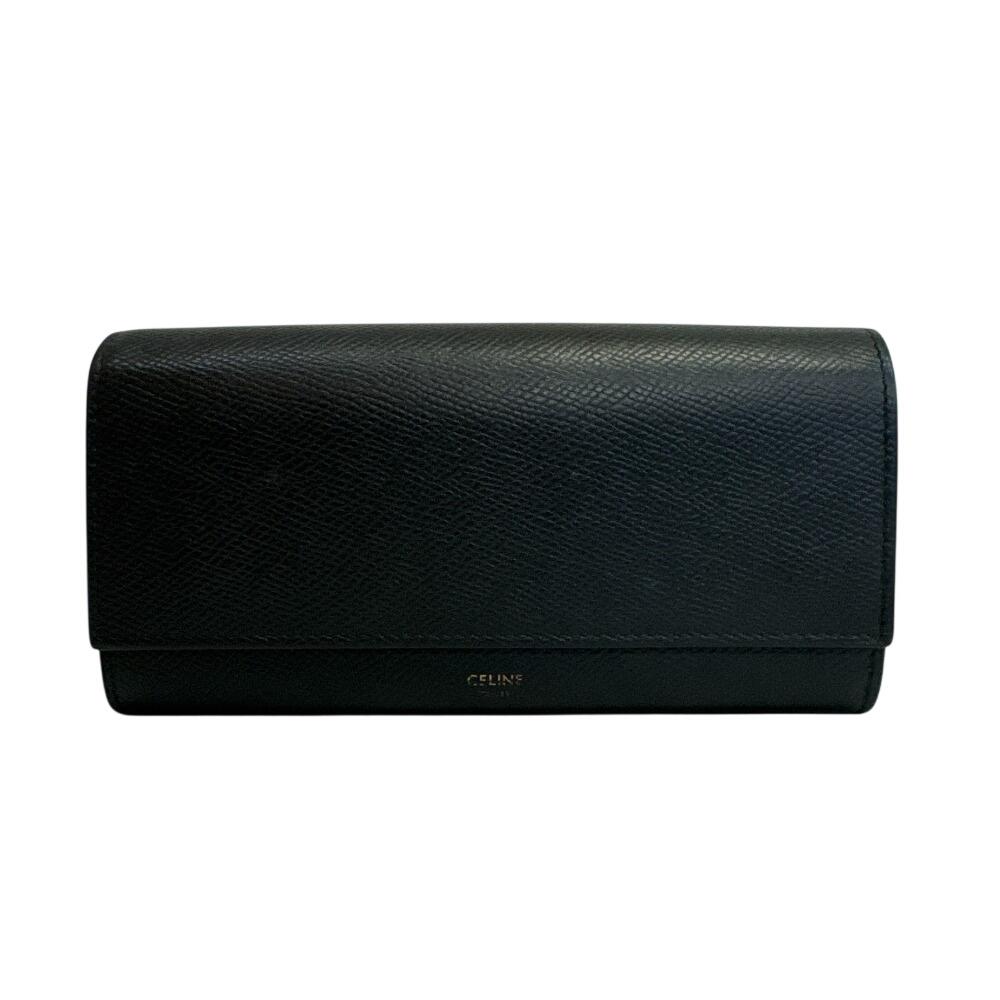 CELINE leather Large flap wallet Purse black leather Used