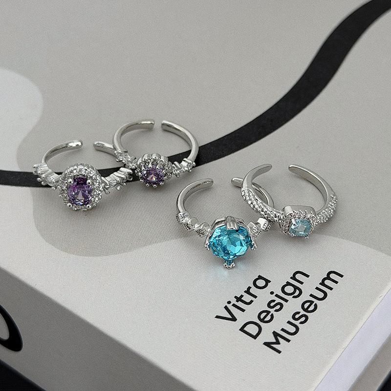 Light Luxury, Sweet And Cool Sugar Cube, Purple And Blue Colored Treasure, Open Ring, Diamond-Set Zircon Niche Design, High-End Stacked Ring Woman