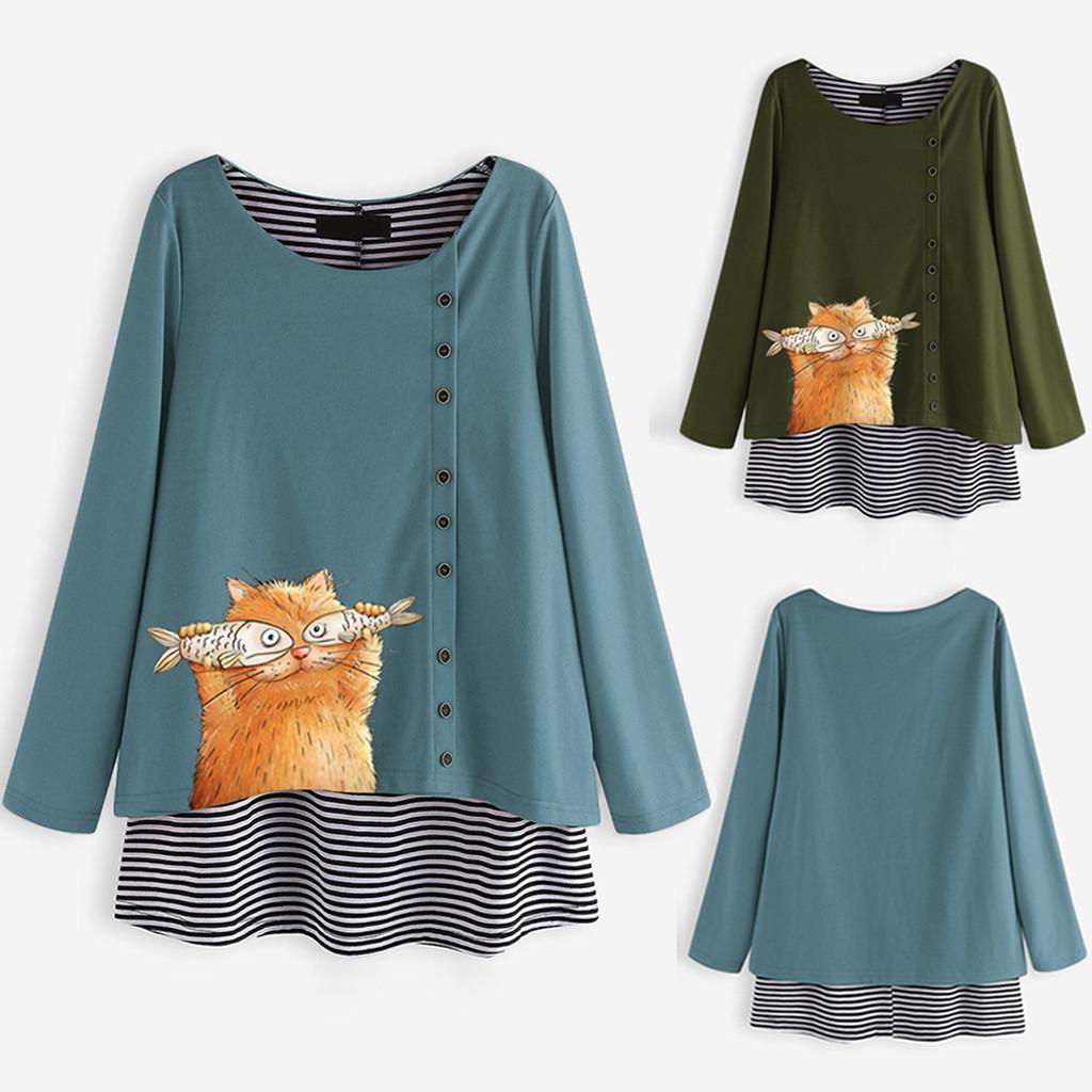 Women Casual Cartoon Cat Stripe Fake Two Pieces O Neck Long Sleeve Top Blouse Buy At A Low Prices On Joom E Commerce Platform