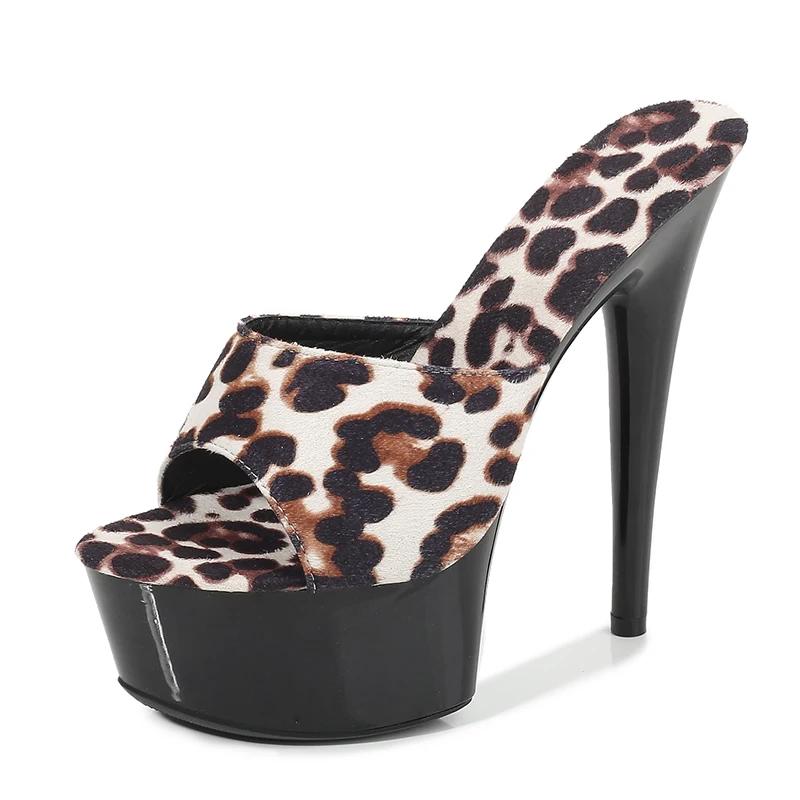 

Fashion Sexy High-heeled 15cm Leopard Print Woman Slippers Sandals Platform Nightclub Shoes Waterproof Thick Bottom Heels Slippers 34