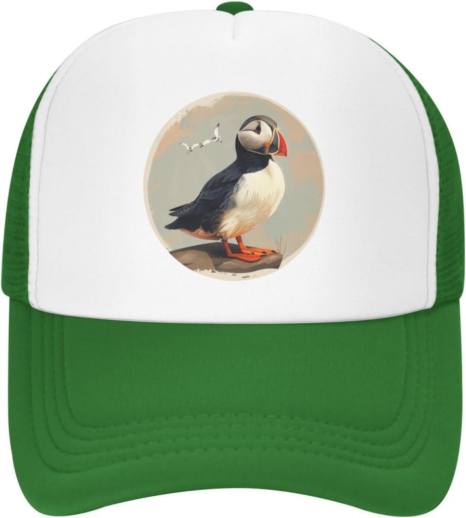 Puffin Bird Graphic Print Polyester Trucker Hat Adjustable Summer Casual Baseball Cap for Unisex