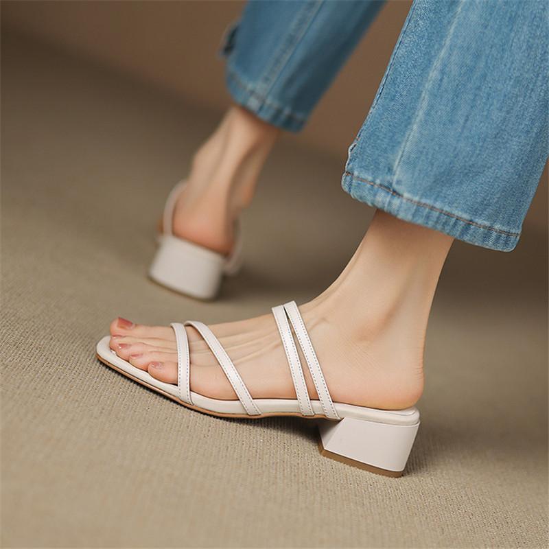 Fashion New Summer Sandals Genuine Leather Women Shoes Square Toe Sandals for Women Fashion Chunky Heel Slippers Shoes Mid Heel Red