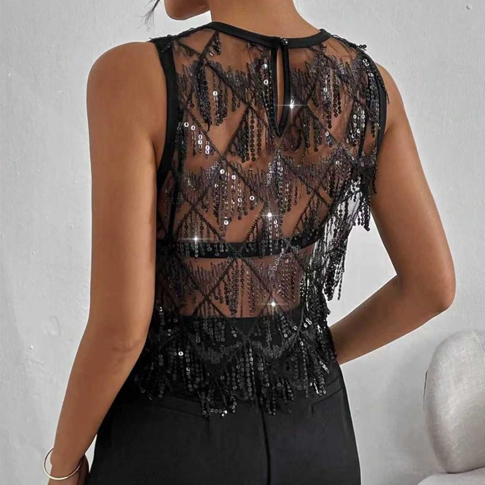 Fringe Crop Top Embroidery Sheer Camisole Chic Sequin Vest Tops  Streetwear