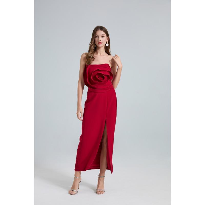 Summer Women 3D Rose Flower Sexy Strapless Open Back Slim Bodycon Split Evening Party Pencil Dresses