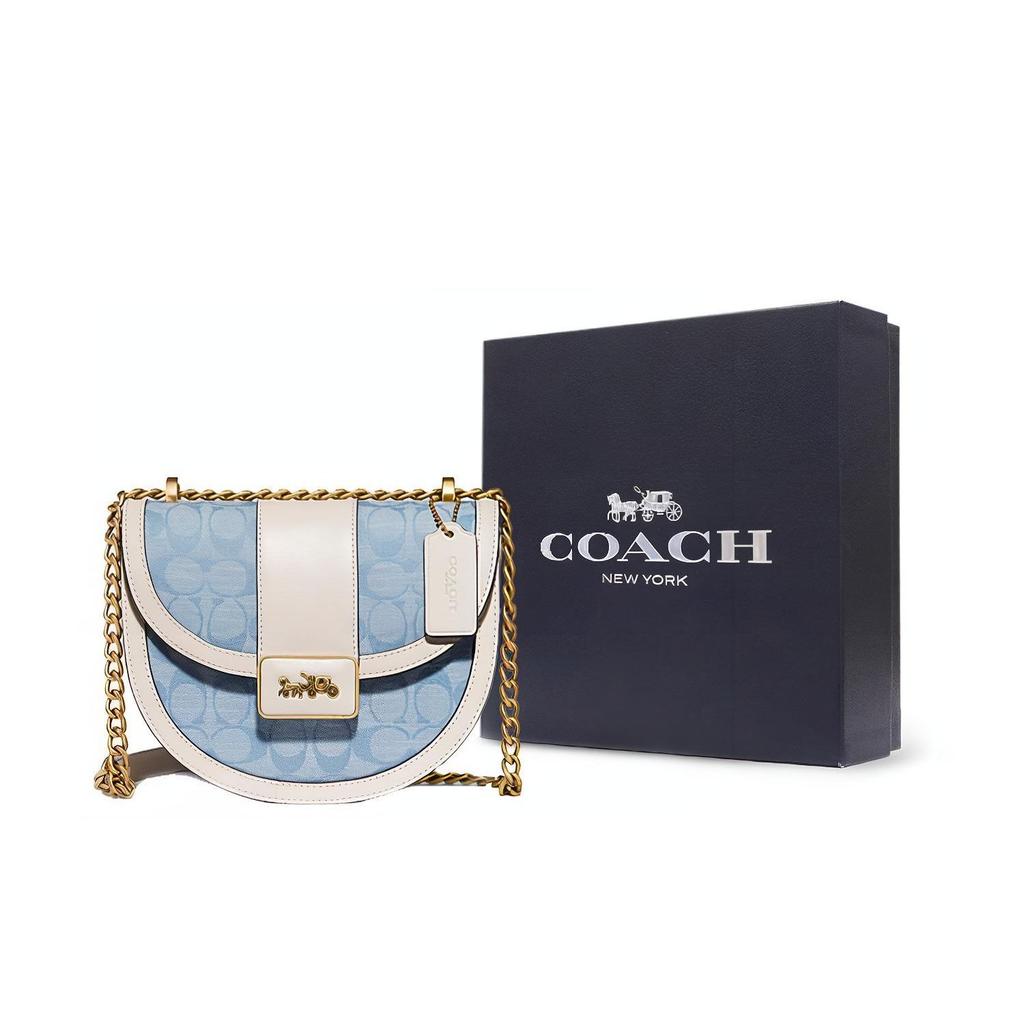 Coach Alie 21 Monogram Color Block Chain Chambray Canvas Print Leather And Fabric Saddle Bag Crossbody Small Women saddle bag C4694-B4SUX