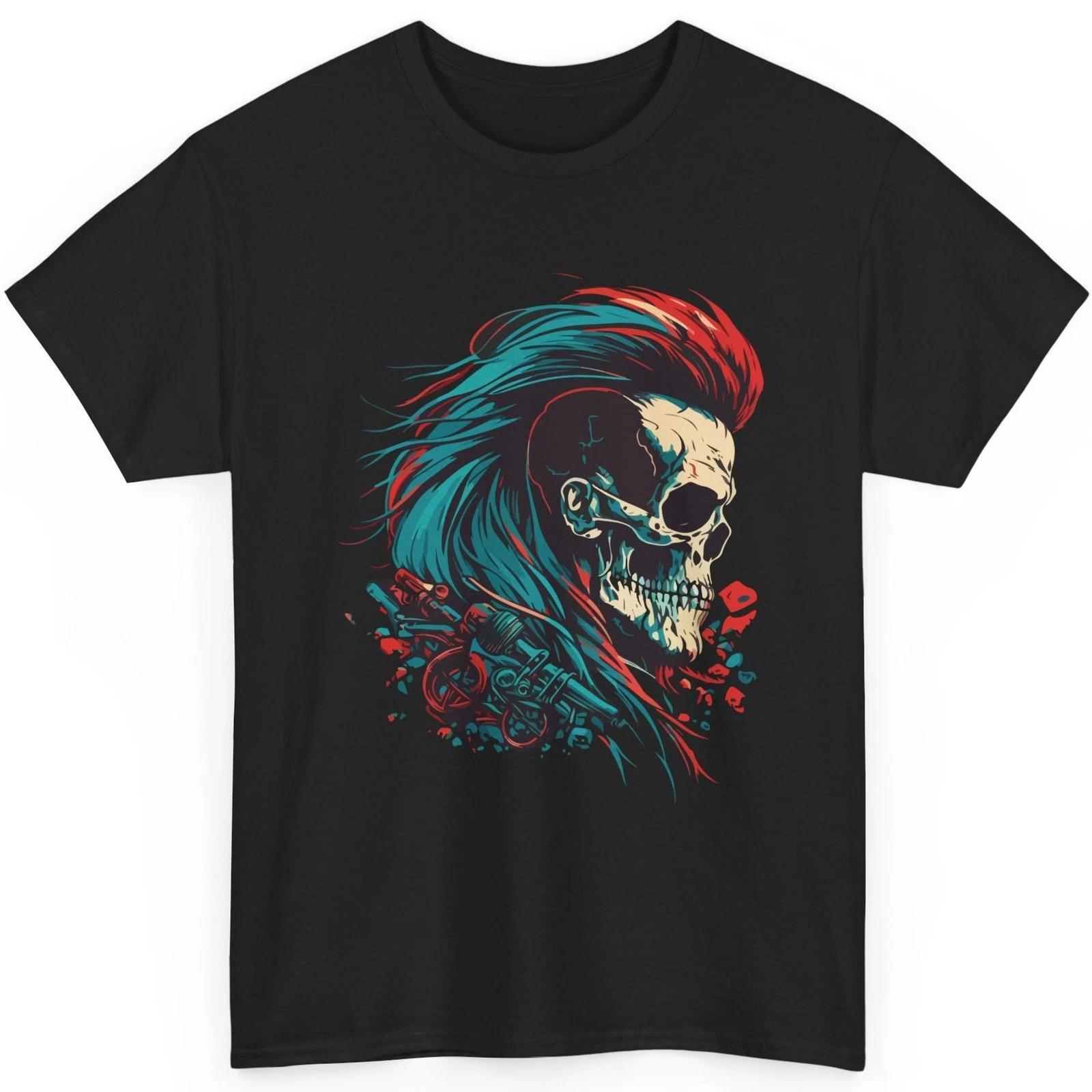 Biker Skull T Shirt Neon Mohawk Graphic Tee Cyberpunk Punk Rock Streetwear Top 3XL