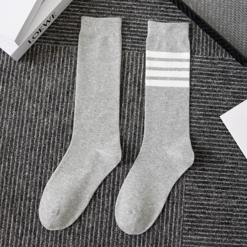 Female Spring and Autumn Four Bar Stripes Thin Pure Cotton College Wind Tall Leg Socks