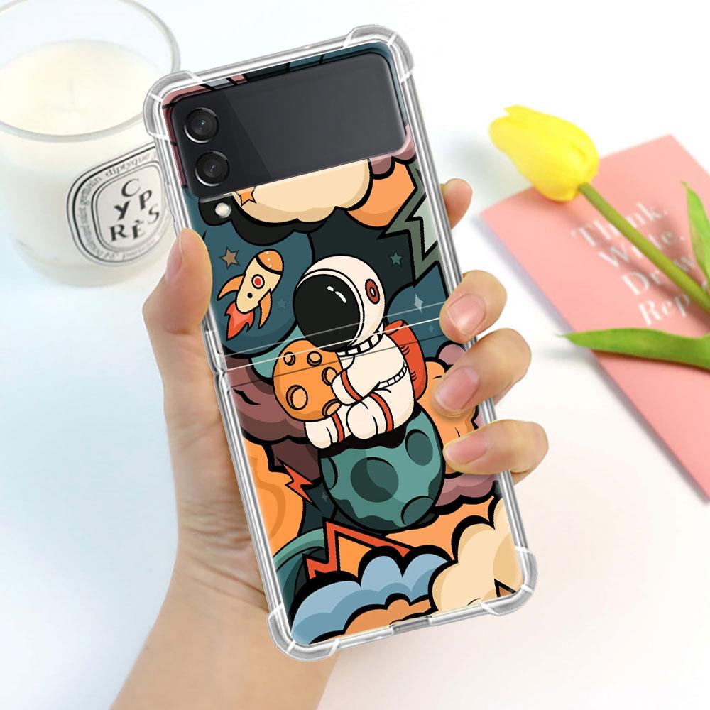Luxury Case For Samsung Galaxy Z Flip 3 4 5G Funda Z Flip3 Clear PC Hard Shockproof Back Phone Coque Shell Astronaut Universe