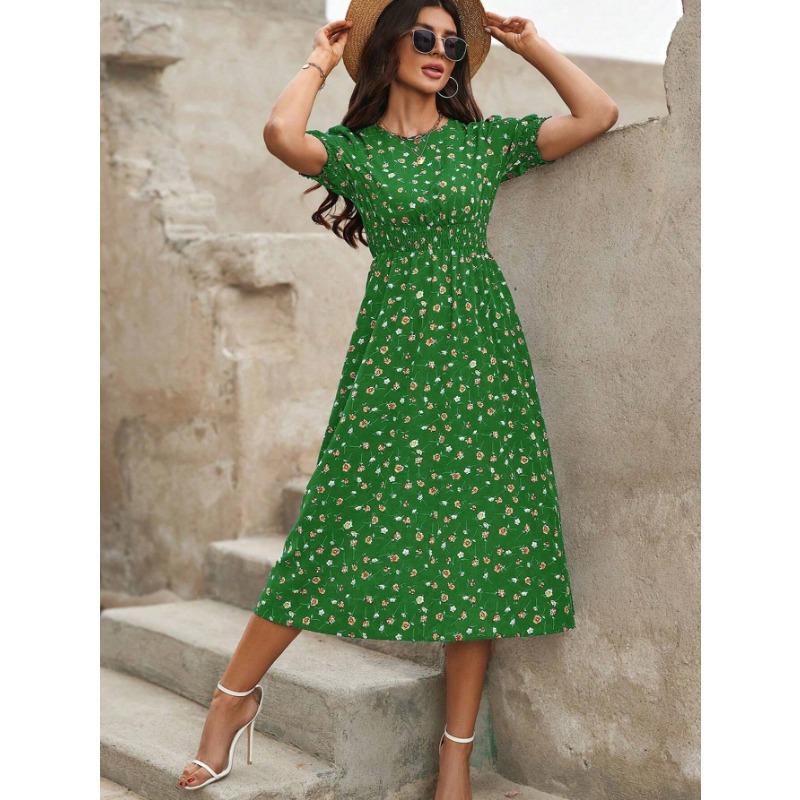 Women Floral Print Midi Dress With Puff Sleeves And Smocked Waist