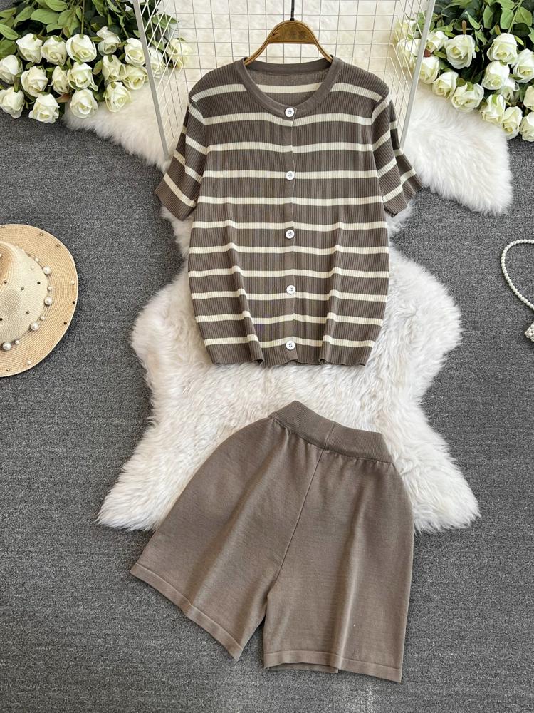 Summer Women Casual Knitted Sweater Pant Set Single Breasted Striped Tops and Shorts Chic Student Two Piece Suit