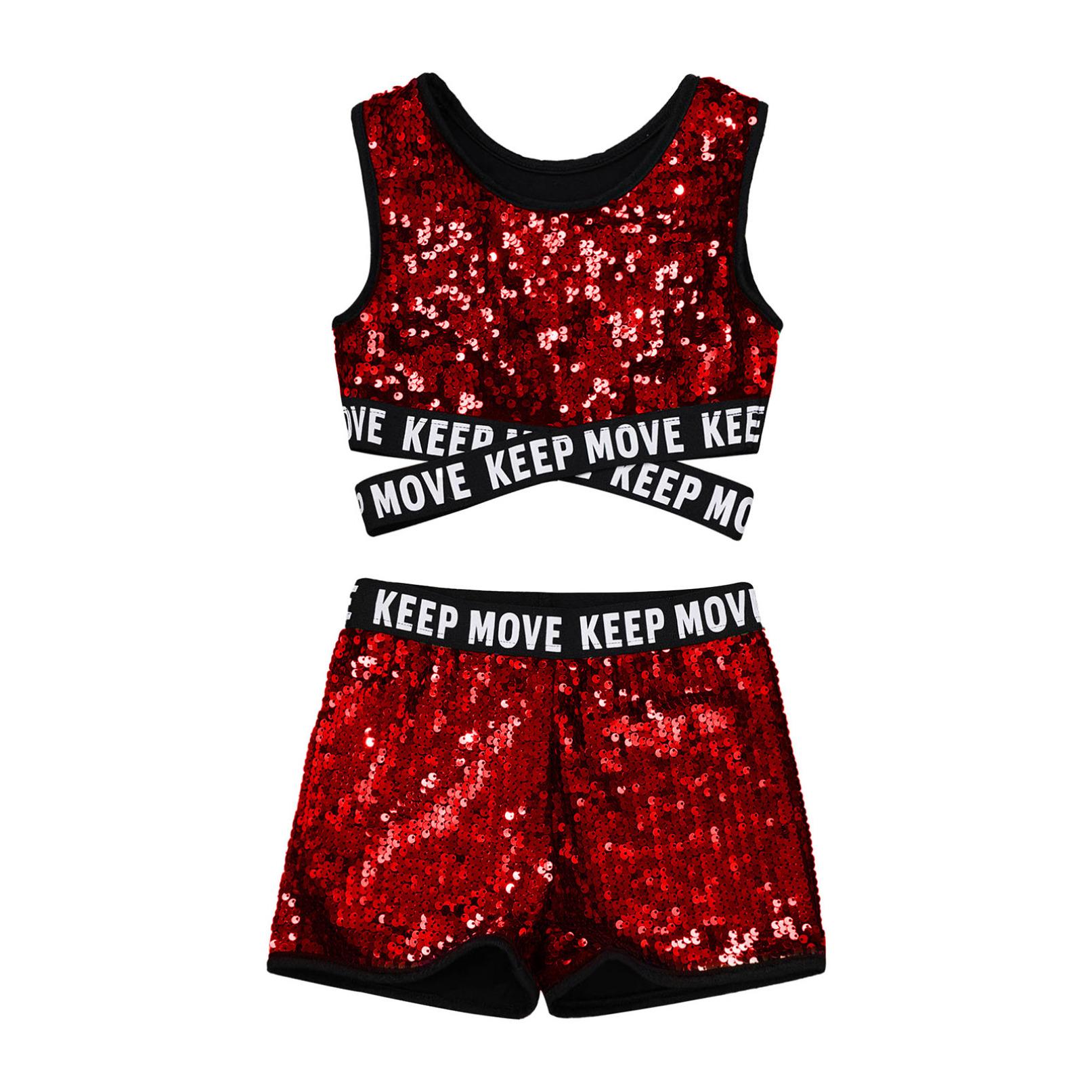 

Сучасний джазовий танцювальний костюм для дітей, дівчаток, укорочений топ із блискучими блискітками та шортами, комплекти танцювального одягу червоний