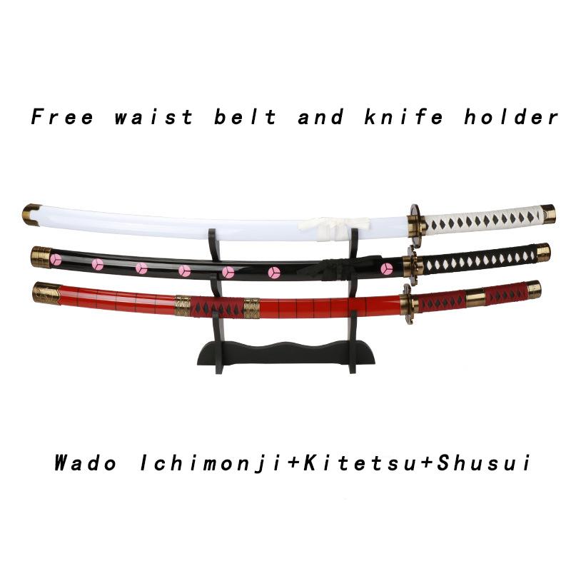 3-piece Set of 104cm/41in Wooden Sword Anime Character Roronoa Zoro Knife Role-playing Props with Belt and Knife Holder Included