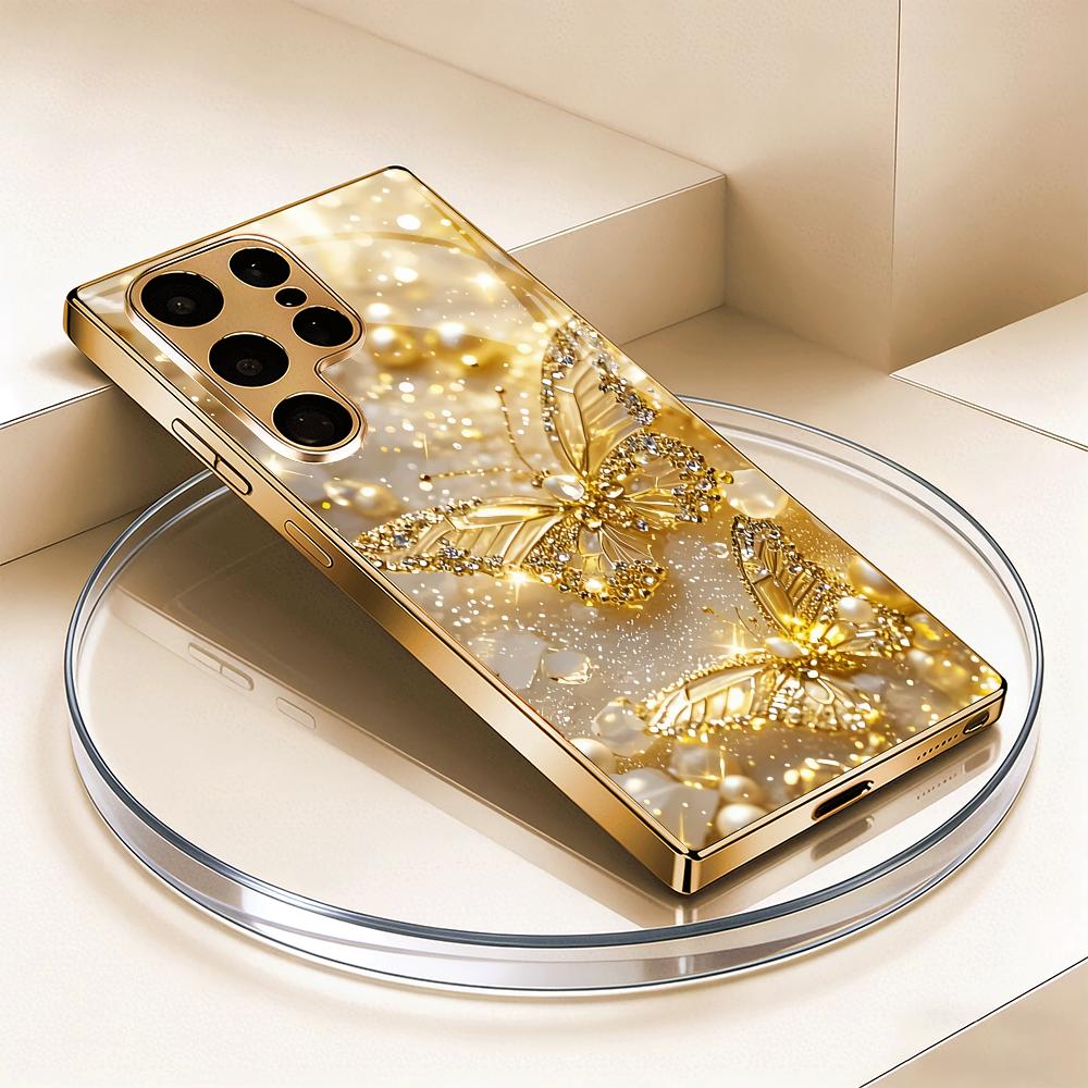 Butterfly Electric Gold Plated Glass Phone Case Suitable for Samsung GalaxyS26 S25 S24 S23 S22 S20FE/Ultra/Plus Anti Fingerprint