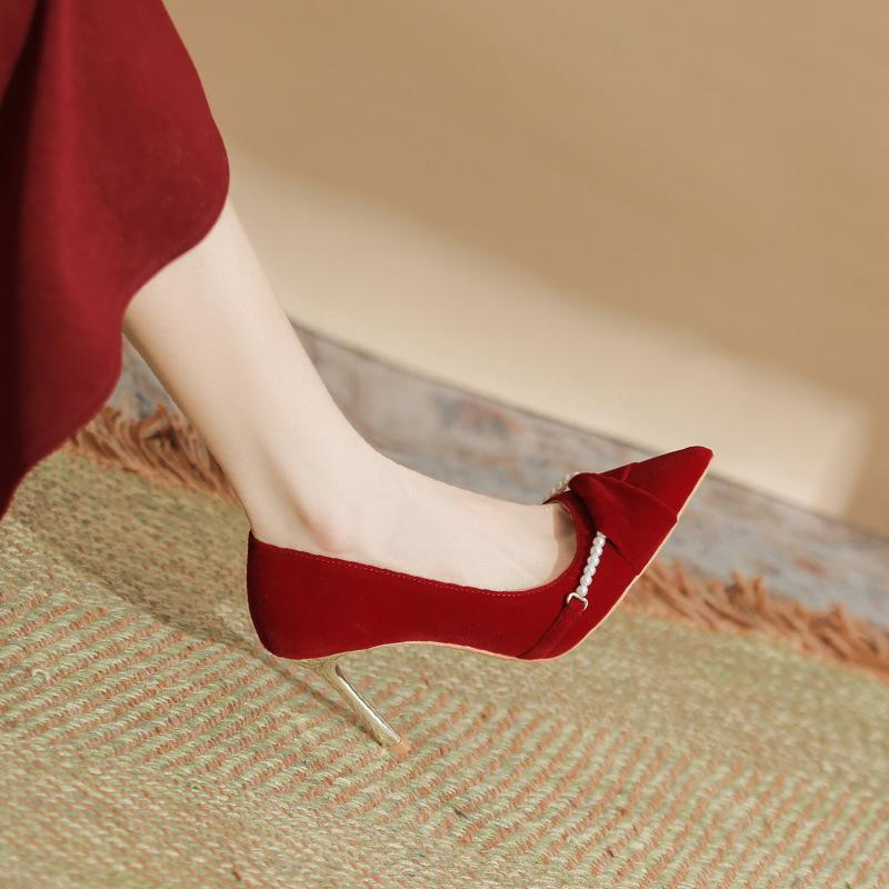 Bride and Bridesmaid Wedding Wedding Thin Heel Pointed High Heels Women's Suede Red Pearl Buckle Single Shoes Women