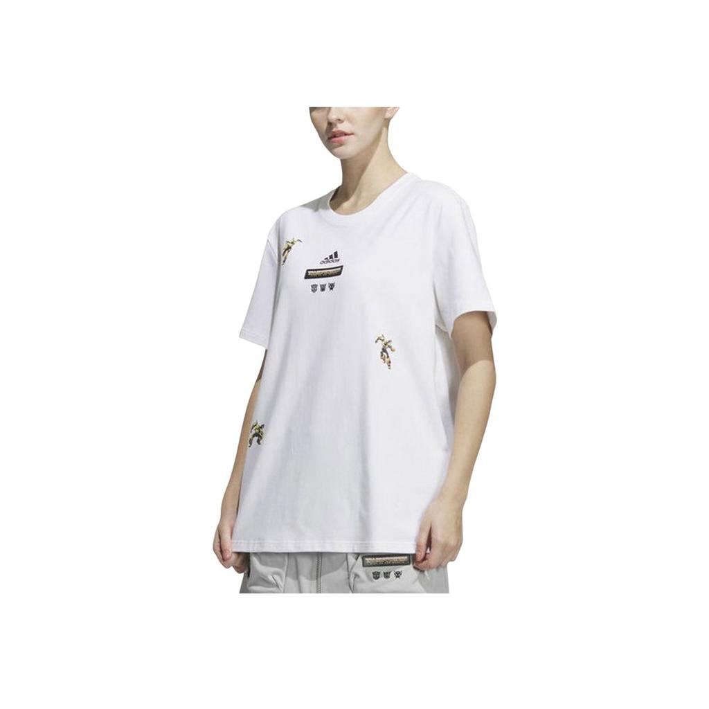 Adidas Cartoon Robot Print Crew Neck Short Sleeve T-Shirt Women Tops White IU4753