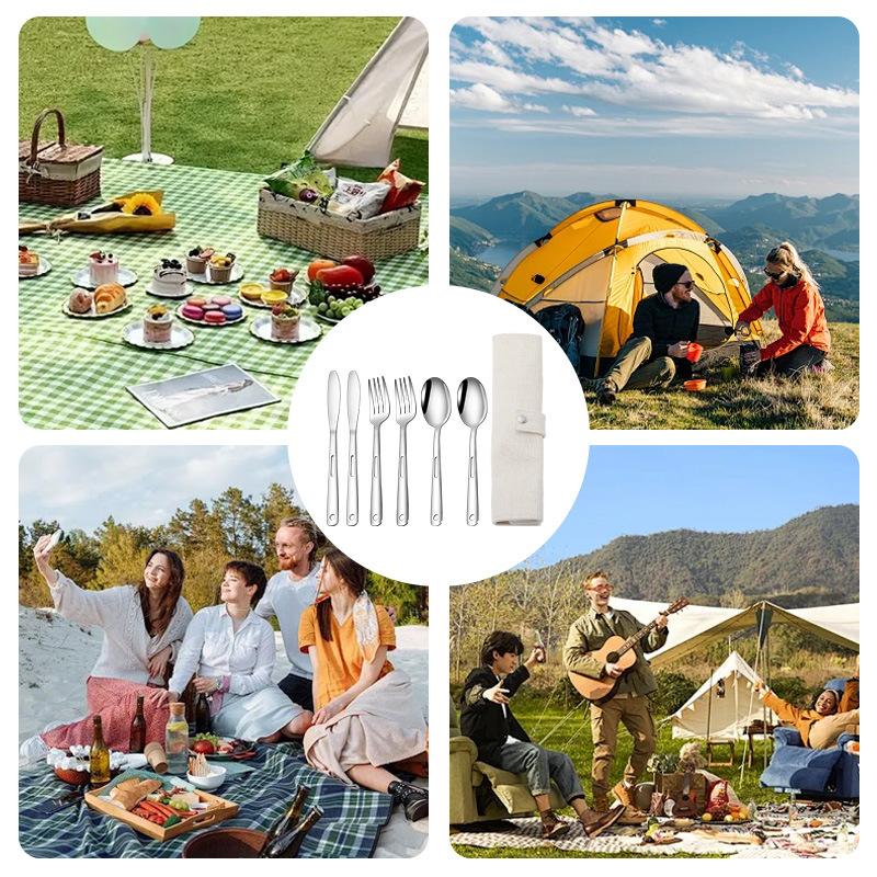 Stainless steel knife, fork and spoon 7-piece set, scroll-type storage bag, camping portable tableware