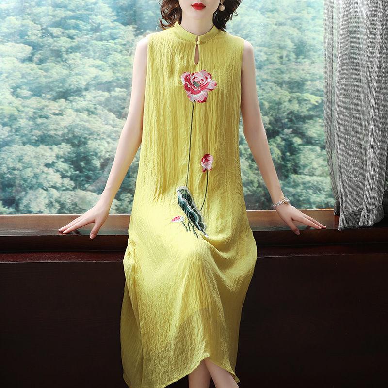 Chinese Style Woman Embroidered Cheongsam Sleeveless Vest Chiffon Dress Woman Dress Print Dress