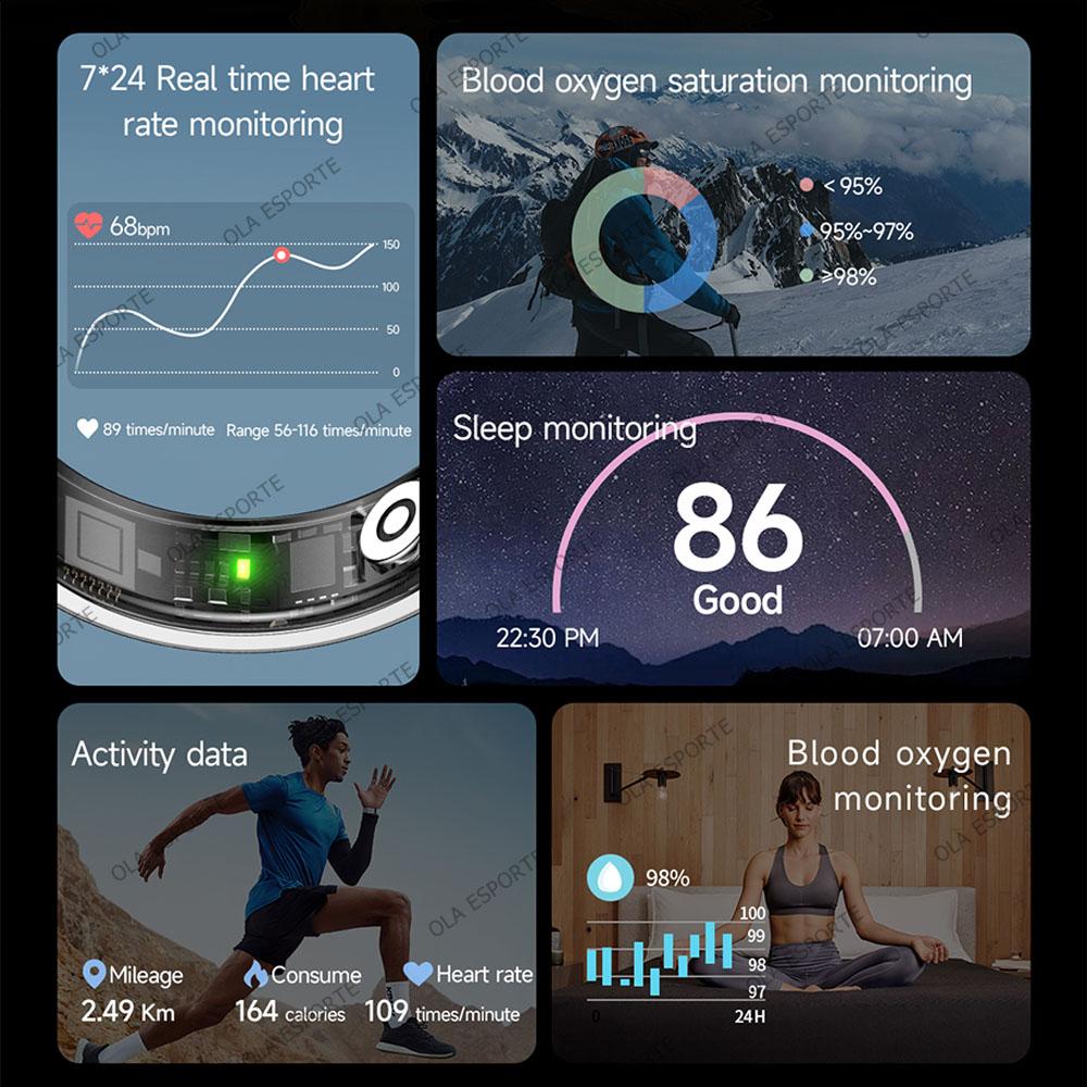 Anello Intelligente Monitoraggio Ossigeno nel Sangue Frequenza Cardiaca Sonno Smartring Impermeabile IP68 e 5ATM Modalità Multisport Smartring Uomo Donna