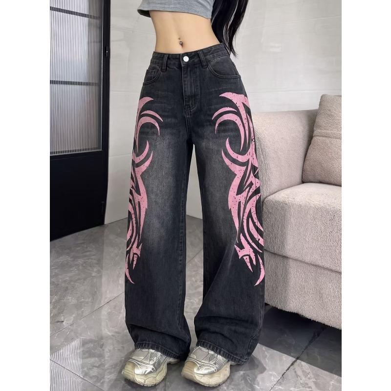 VIONA Y2K American Vintage Mottled Totem Print Baggy Jeans Women's High Waist Wide Leg Jeans Men Clothing Harajuku Trendy Hip Hop Pant