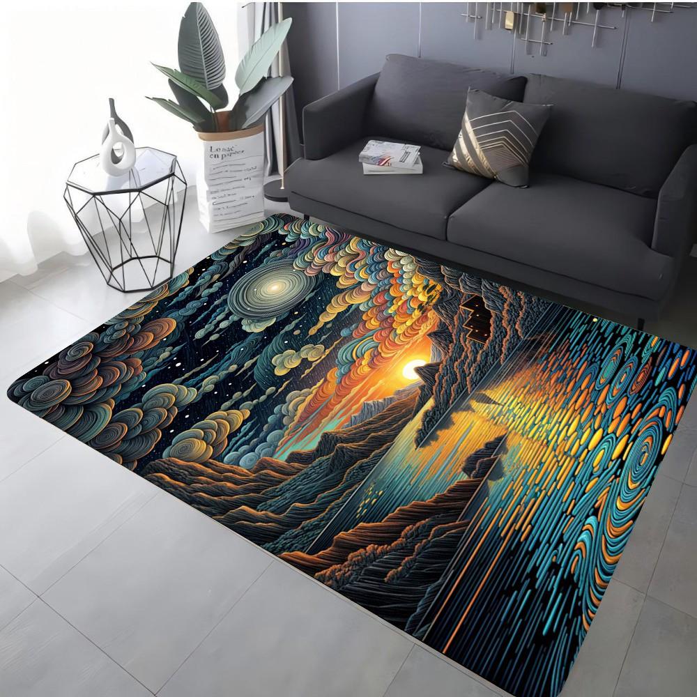 Fantasy Landscape Art Carpet Various Styles With Swirl Mountain Sun Moon Waterfall Patterns Non Slip Rug For Living Room Decor
