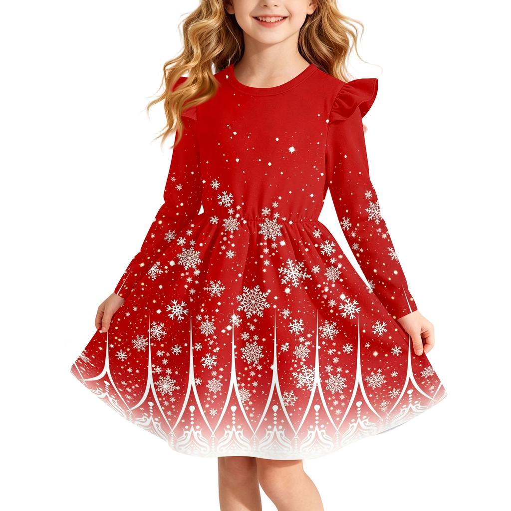 Girls Christmas Print Dress with Sleeves Long Sleeve Holiday Party Dress