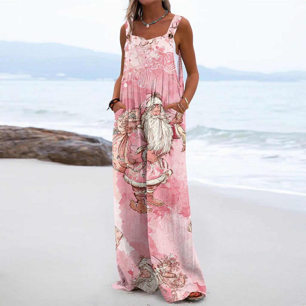 Women's Christmas Print Solid Wide Leg Strapless Tank Pocket Casual Onesie