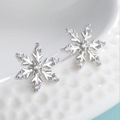 Runxin Zircon Snowflake Stud Earrings for Women - European & American Christmas Jewelry In Simple Copper-Plated Silver, Mini Diamond Design.