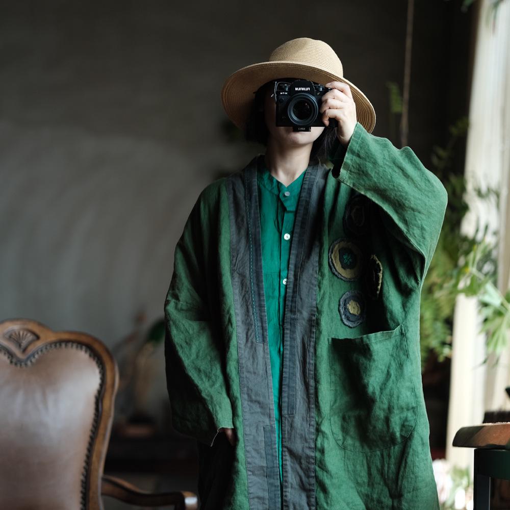

Retro Green Linen Snowflake Floral Robe Cloak for Women One Size