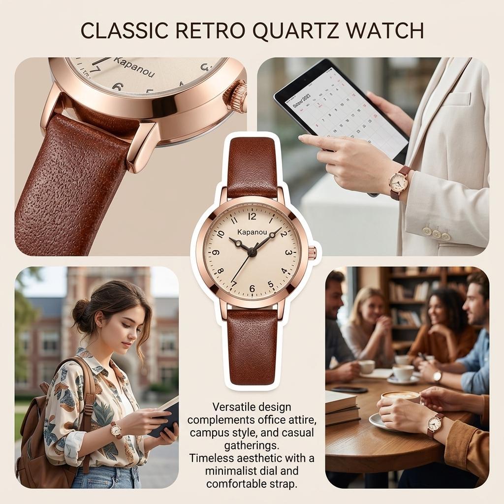 1 Pack Waterproof Retro Quartz-Watch for Women Vintage Faux Leather Strap Wristwatch with Alloy Case Mineral Glass Daily Wear