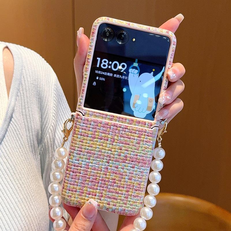 Braided Cloth Hinge with Pearl Bracelet Wristband Phone Case For Motorola Razr 60 Razr50 Ultra 50 Moto Razr + Hard Cover