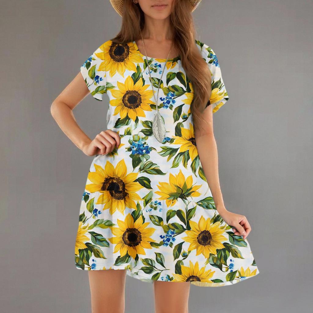 Women's Fashion Casual Round Neck Short Sleeve Ruffle Gradient Printed Dresses
