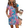 Women's Summer V-Neck Short Sleeved Drawstring With Pocket Floral Print Casual Dress