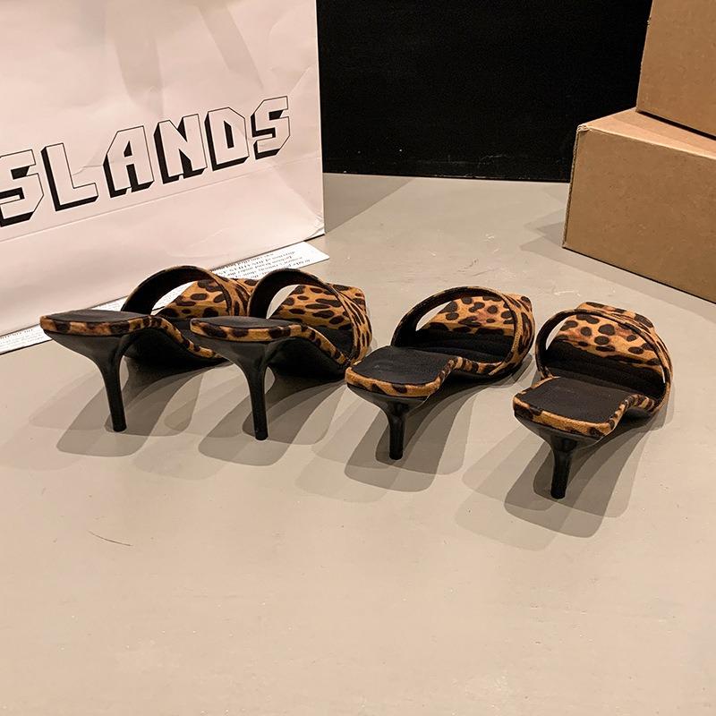 High heels summer new one-character leopard print square head thin heel large size 4142 cool slippers women's outer wear empty