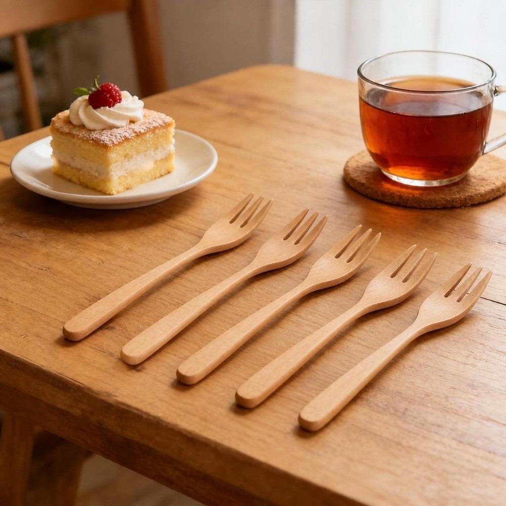 5Pcs Solid Wood Forks Set Wood Dinner Flatware Travel Wood Forks  For Serving