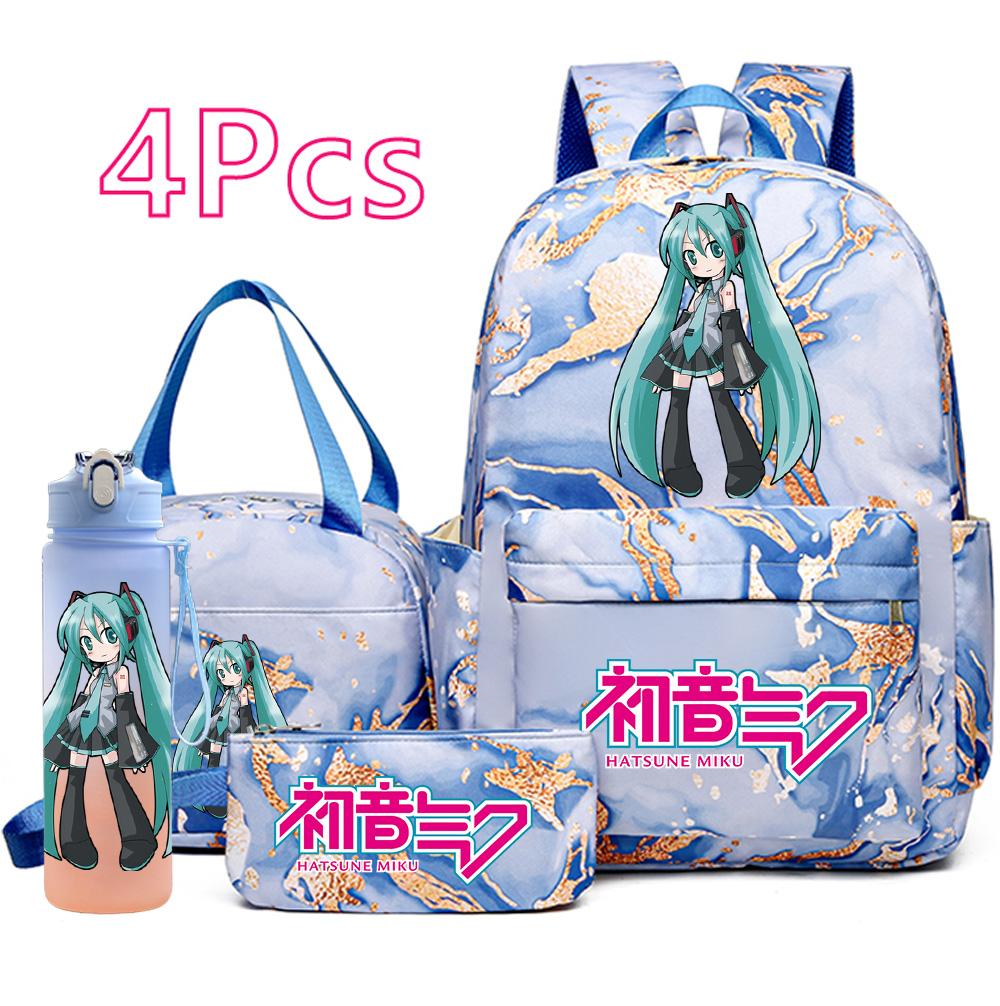 4 Stück/Set Hatsune Miku Aufdruck Rucksack Handtasche Federmäppchen 750ml Wasserflasche für Teenager Junge Mädchen Große Kapazität Wasserdicht Schultasche Schülergeschenk