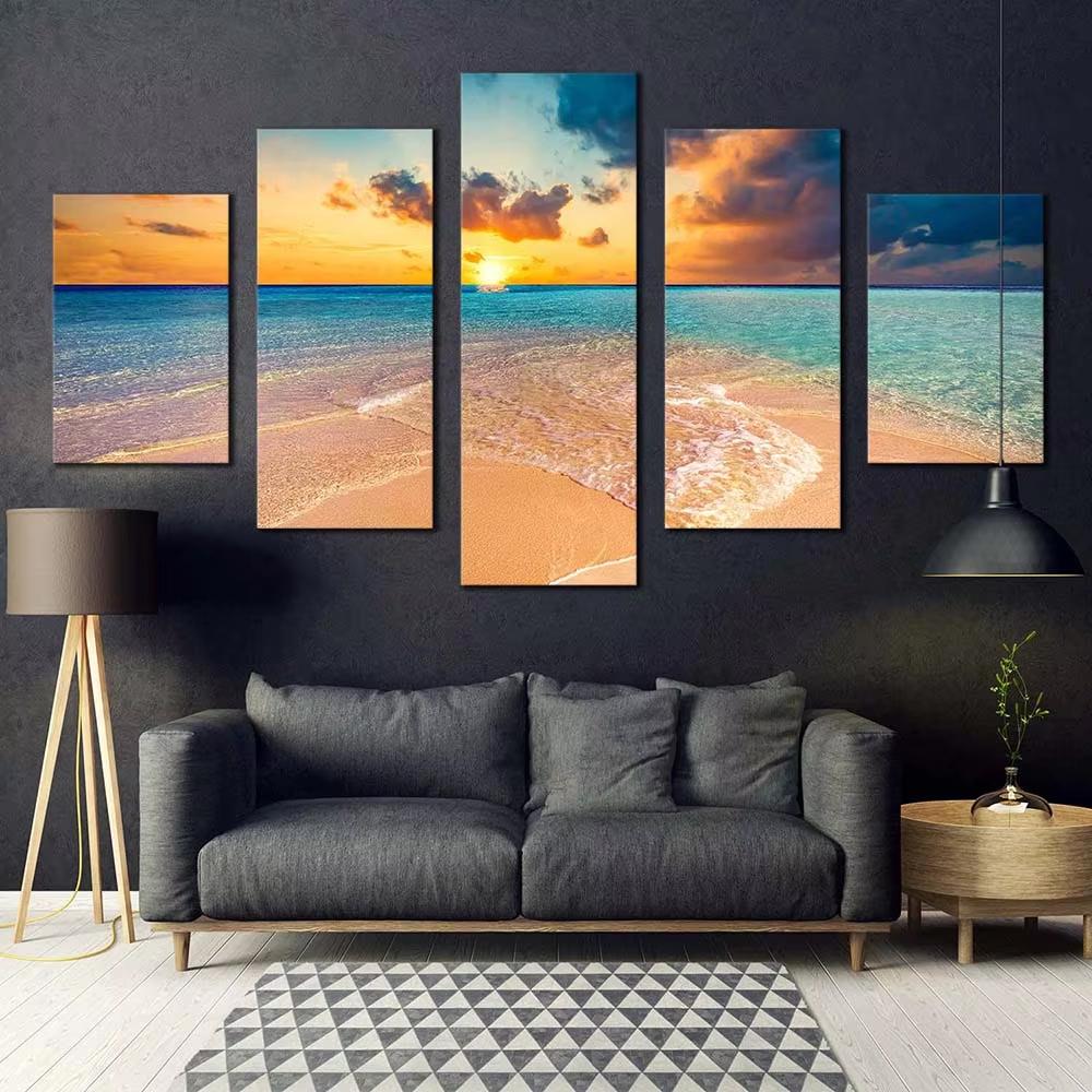 5pcs Cloudy Ocean Canvas Wall Art Yellow Sky Maldives Island Posters Print Blue Sea Ocean Beach for Living Room Decor Unframed